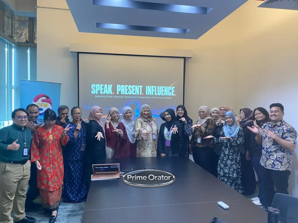 Prime Orator trainers and participants at a Negotiation, Presentation & Public Speaking Skills session for the Communications and Multimedia Consumer Forum of Malaysia (CFM)